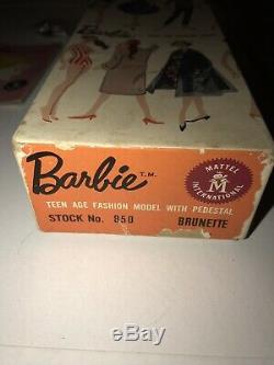 VINTAGE # NUMBER 3 BARBIE T. M. BRUNETTE PONYTAIL Brown Eyeliner Doll BOX & STAND