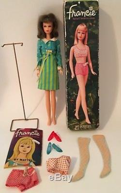 VTG Barbie Cousin Francie Brown Hair with Box Booklet Hanger Shoes Stand & More