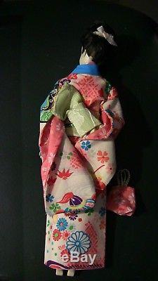VTG Brunette Ponytail Barbie #3 Red Cream floral Japanese Kimono Obi Purse LOT