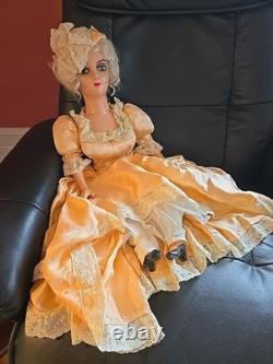 Vintage 1920s Composition Cloth Boudoir Bed Doll Hand Painted 26 Orange Dress