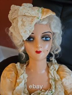 Vintage 1920s Composition Cloth Boudoir Bed Doll Hand Painted 26 Orange Dress