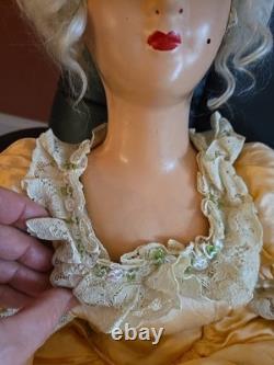 Vintage 1920s Composition Cloth Boudoir Bed Doll Hand Painted 26 Orange Dress