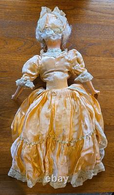 Vintage 1920s Composition Cloth Boudoir Bed Doll Hand Painted 26 Orange Dress