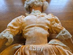 Vintage 1920s Composition Cloth Boudoir Bed Doll Hand Painted 26 Orange Dress