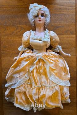 Vintage 1920s Composition Cloth Boudoir Bed Doll Hand Painted 26 Orange Dress