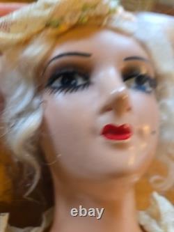 Vintage 1920s Composition Cloth Boudoir Bed Doll Hand Painted 26 Orange Dress