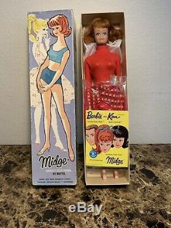 Vintage 1962 Red Hair Midge Barbie Doll Freckles Japan With BoxStand, Clothes