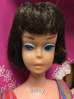 Vintage 1964 Brunette American Girl Barbie W Wrist Tag, Original Box, Stand