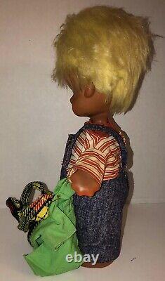 Vintage 60s KAMAR POCKY 14 Boy Doll Poseable Denim Plaid Teardrop Eyes RARE HTF