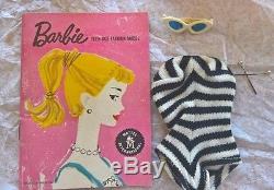 Vintage Barbie Blonde Ponytail #3 Brown eye liner, Box & accessories shown, Mattel