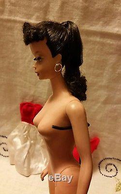 Vintage Barbie Brunette Ponytail 1963 with Stand Red Bathing Suit and Dress