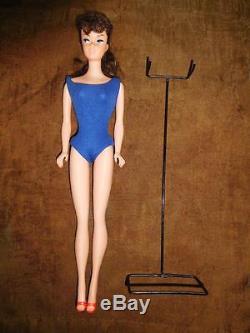 Vintage Barbie Doll #5 Long Hair Brunette Ponytail -Tagged Blue Helenca Swimsuit