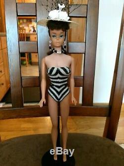 Vintage Barbie Doll Brunette Ponytail #5 Gorgeous Free Black Metal Stand