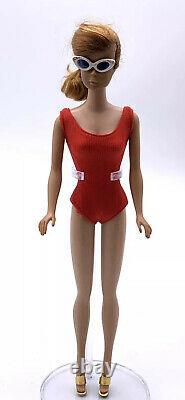 Vintage Barbie Doll With Swirl Ponytail & Red Swimsuit Outfit Red Titian Hair