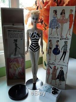 Vintage Barbie ponytail #1 blond handpainted -TM box, Mattel repro stand, 1959