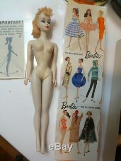 Vintage Barbie ponytail #1 blond handpainted -TM box, Mattel repro stand, 1959
