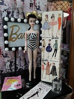 Vintage Barbie ponytail #1 brunette-TM box, reproduction stand, 1959 Gorgeous