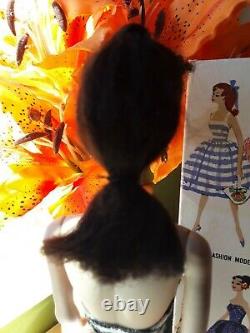 Vintage Barbie ponytail #1 brunette-TM box, reproduction stand, 1959 Gorgeous