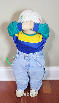 Vintage Life Size 25 Boy Soft Body Doll Covering Eyes Wearing Jeans & Shoes