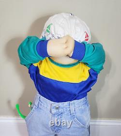 Vintage Life Size 25 Boy Soft Body Doll Covering Eyes Wearing Jeans & Shoes