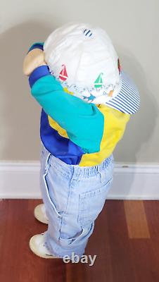 Vintage Life Size 25 Boy Soft Body Doll Covering Eyes Wearing Jeans & Shoes