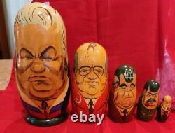 Vintage Matryoshka Soviet Politician Era 5 Nesting Dolls Brezhnev Stalin Lenin