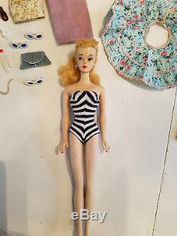 Vintage Original Early #3 Blonde Ponytail Barbie Brown Shadow with accessories