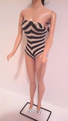 Vintage Ponytail Barbie 850 #4 Brunette With Original Zebra Striped Swimsuit