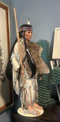 Vintage Porcelain indian Doll Real Leather And Rabbit Hide Walking Stick Beaded