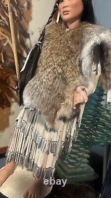 Vintage Porcelain indian Doll Real Leather And Rabbit Hide Walking Stick Beaded