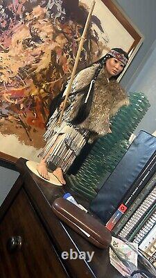 Vintage Porcelain indian Doll Real Leather And Rabbit Hide Walking Stick Beaded
