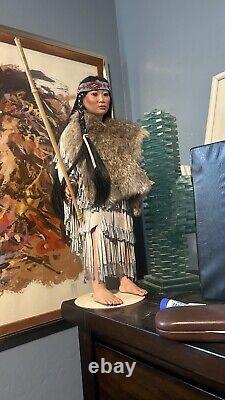 Vintage Porcelain indian Doll Real Leather And Rabbit Hide Walking Stick Beaded