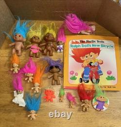 Vintage Troll Doll Lot Of 15 Mixed Sizes With Pin And Book
