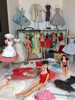 Vtg BARBIE Doll Lot 1962 # 6 Raven Ponytail, Midge + and Clothes, Case & Acc's