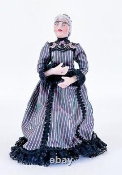 Vtg Victorian OOAK Elder Lady Porcelain Doll withBlack Laced Dress & Glasses